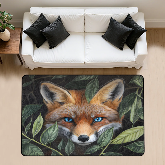 CURLYOOT Fox Area Rug 3x5 Ft Rugs for Entryway Entrance Kitchen, Washable Non Slip Green Leaves Indoor Floor Carpet for Bedroom Living Room