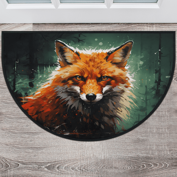 CURLYOOT Fox Painting Half Round Door Mat 24'' x 36'', Indoor Outdoor Entrance Rug, Semi Circular Area Rug, Non Slip Washable Absorbent Doormat, Laundry Room Rug