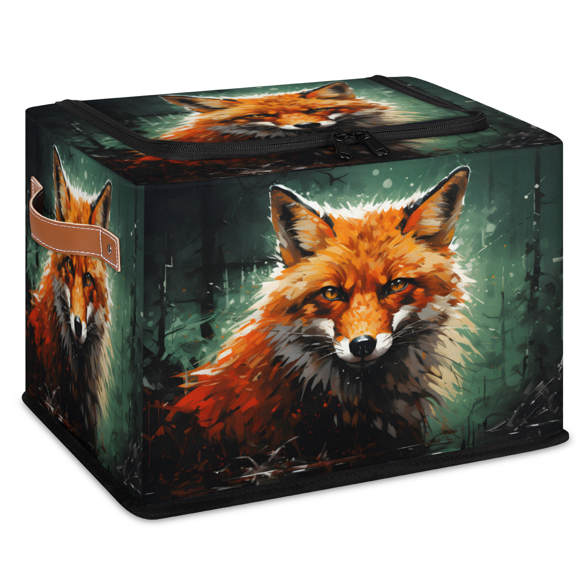 CURLYOOT Fox Painting Storage Bin with Zipper Lid, Foldable Clothes Organizer Lidded Storage Baskets, Rectangular Box Closet Shelf Container Organizer for Home Dorm