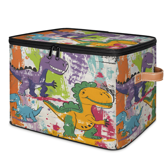 CURLYOOT Funny Dinosaur Fabric Storage Bins with Lids, Foldable Storage Boxes Washable Storage Cube, Closet Bedroom Home Organizer Containers with PU Leather Handles
