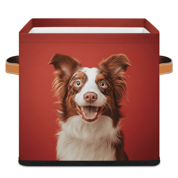 CURLYOOT Funny Dog Animal 11 x 11 Inch Cube Storage Bin, Fabric Storage Cube Foldable Basket with Leather Handles, Organizer Basket for Closet Shelves