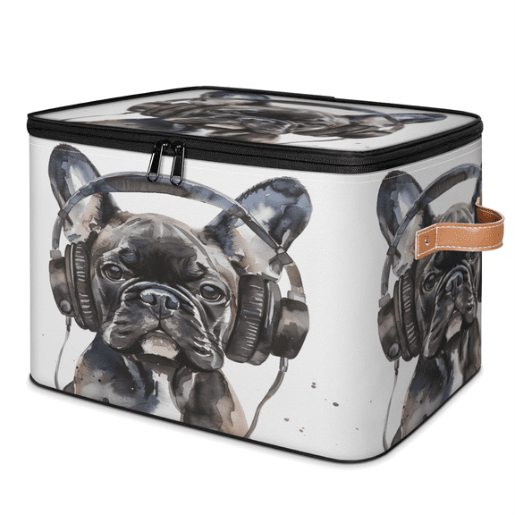 CURLYOOT Funny Dog French Bulldog Fabric Storage Bins with Lids, Foldable Storage Boxes Washable Storage Cube, Closet Bedroom Home Organizer Containers with PU Leather Handles