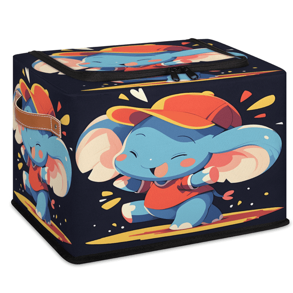 CURLYOOT Funny Elephant Animal with Hat Storage Bin with Zipper Lid, Fabric Storage Basket with Handles, Decorative Foldable Storages Box Clothes Organizer for Closet, Shelf