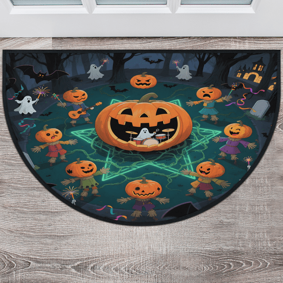 CURLYOOT Funny Ghost Pumpkins Half Round Door Mat, Indoor Outdoor Entrance Rug, Halloween Semi Circular Area Rug, Non Slip Washable Absorbent Doormat, Laundry Room Rug 24'' x 36''