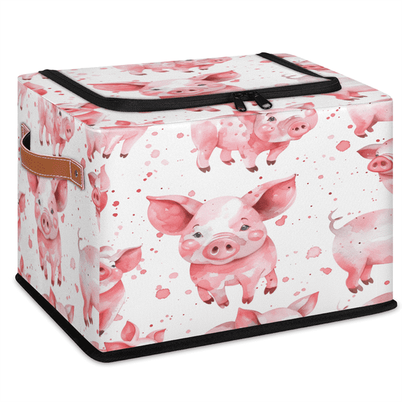 CURLYOOT Funny Pig Storage Bin With Zipper Lid, Foldable Clothes Organizer Lidded Storage Baskets, Rectangular Box Closet Shelf Organizer for Bedroom Living Room