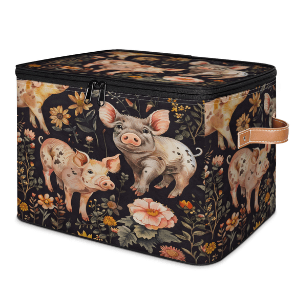 CURLYOOT Funny Pig Storage Bins with Zipper Lid Fabric Storage Baskets Boxes Rustic Wildflower Washable Foldable Clothes Organizer Container with Leather Handles for Shelves Closet