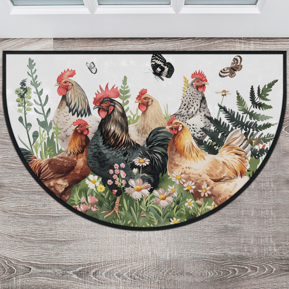 CURLYOOT Funny Roosters Chickens Half Round Door Mat, Indoor Outdoor Entrance Rug, Semi Circular Area Rug, Non Slip Washable Absorbent Doormat, Laundry Room Rug 24'' x 36''