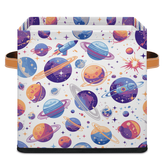CURLYOOT Galaxy Universe Cube Storage Bin, 11 Inch Storage Cube Fabric Bin for Shelves, Space Planet Foldable Clothes Organizer Baskets with Leather Handle for Closet Home