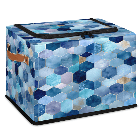 CURLYOOT Geometric Blue Storage Bin with Zipper Lid, Fabric Storage Basket with Handles, Decorative Foldable Storages Box Clothes Organizer for Closet, Shelf