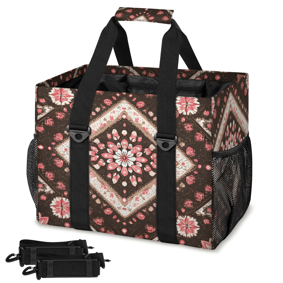 CURLYOOT Geometric Flower Reusable Grocery Bag, Large Shopping Tote ...