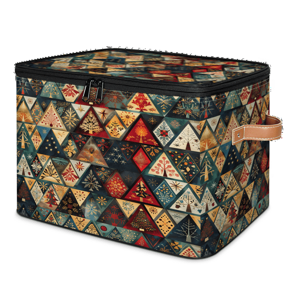 CURLYOOT Geometric Storage Bins with Zipper Lid Fabric Storage Baskets Boxes Christmas Tree Washable Foldable Clothes Organizer Container with Leather Handles for Shelves Closet