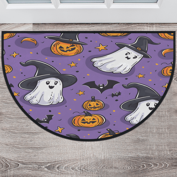 CURLYOOT Ghost Pumpkins Half Round Door Mat, Indoor Outdoor Entrance Rug, Halloween Semi Circular Area Rug, Non Slip Washable Absorbent Doormat, Laundry Room Rug 24'' x 36''