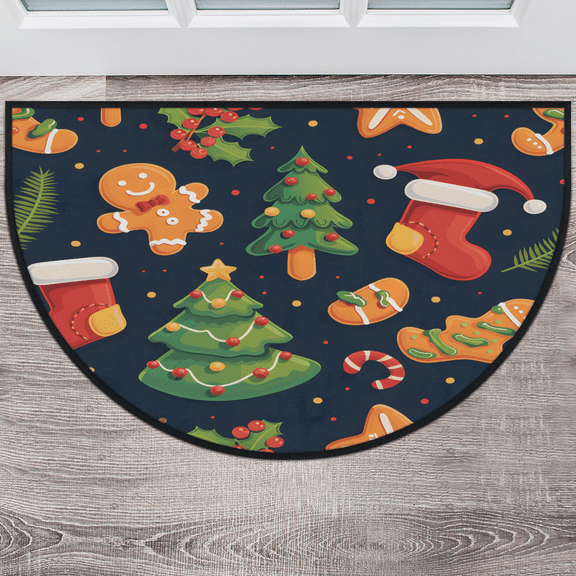 CURLYOOT Gingerbread Man Half Round Door Mat, Indoor Outdoor Entrance Rug, Xmas Tree Semi Circular Area Rug, Non Slip Washable Absorbent Doormat, Laundry Room Rug 24'' x 36''