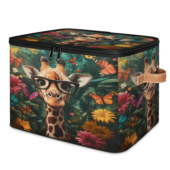 CURLYOOT Giraffe with Colorful Flowers Storage Bins with Lid, Decorative Fabric Storage Boxes, Foldable Closet Shelf Organizer Baskets for Bedroom, Living Room, Home