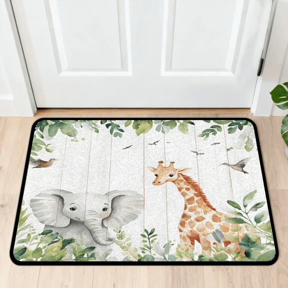 CURLYOOT Giraffe Elephant Animal and Leaf Front Door Mat, Washable Non-Slip Door Mat, Indoor Outdoor Floor Mats Absorbent Welcome Doormat for Entrance 20" x 30"
