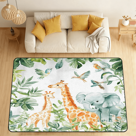 CURLYOOT Giraffe Elephant Birds Jungle Area Rugs 5'x7' Washable Rug Large Living Room Rug Non Slip Indoor Floor Carpet for Dining Room Bedroom Home