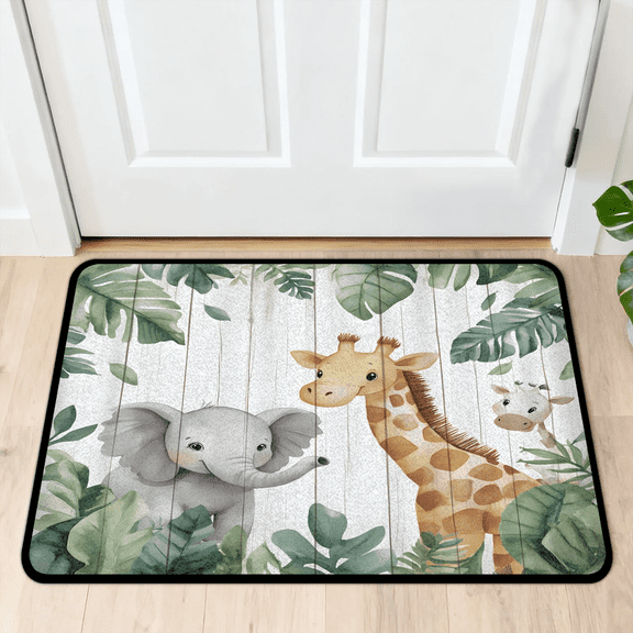 CURLYOOT Giraffe Elephant Cute Animal Front Door Mat, Washable Non-Slip Door Mat, Indoor Outdoor Floor Mats Absorbent Welcome Doormat for Entrance 20" x 30"