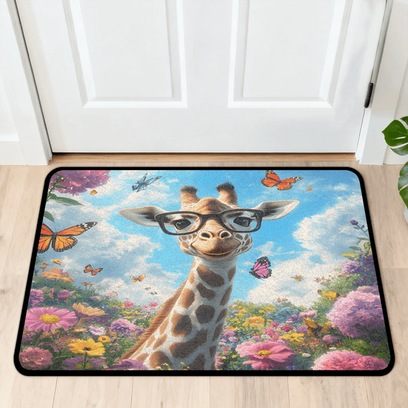 CURLYOOT Giraffe with Spring Flowers Front Door Mat, Washable Non-Slip Door Mat, Indoor Outdoor Floor Mats Absorbent Welcome Doormat for Entrance 20" x 30"