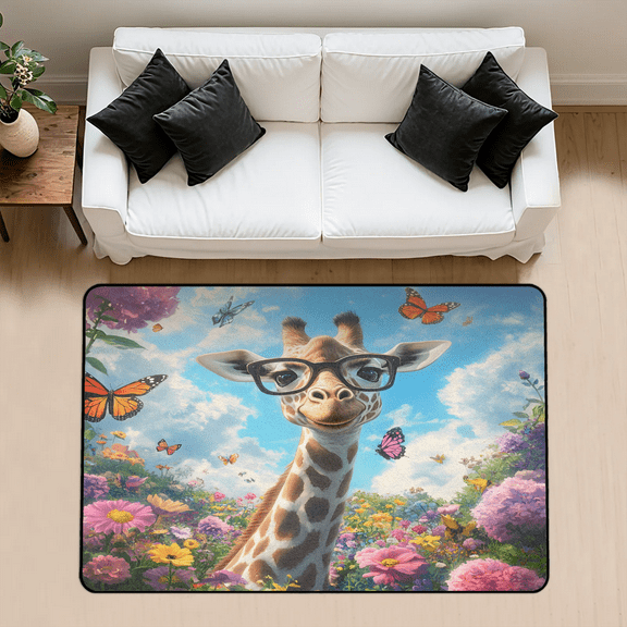 CURLYOOT Giraffe with Spring Flowers Rug for Living Room Bedroom, 4x6 Ft Washable Area Rug, Non Slip Rugs for Entryway, Large Carpet for Indoor Dining Room