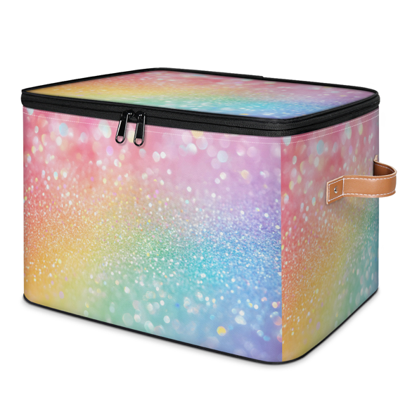 CURLYOOT Glitter Storage Bins with Zipper Lid Fabric Storage Baskets Boxes Abstract Rainbow Washable Foldable Clothes Organizer Container with Leather Handles for Shelves Closet