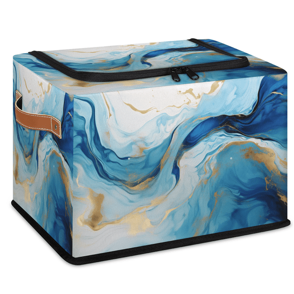 CURLYOOT Gold Blue Marble Storage Bin with Zipper Lid, Foldable Clothes Organizer Lidded Storage Baskets, Rectangular Box Closet Shelf Organizer for Living Room Bedroom Home