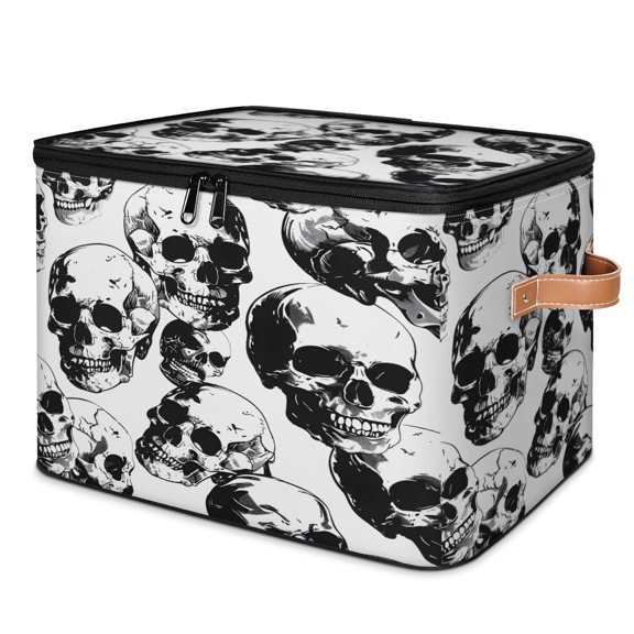 CURLYOOT Gothic Skull Fabric Storage Bins with Lids, Foldable Storage Boxes Washable Storage Cube, Closet Bedroom Home Organizer Containers with PU Leather Handles