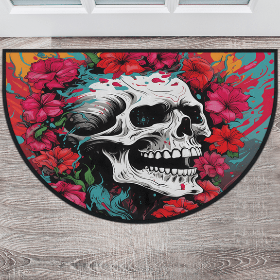 CURLYOOT Gothic Sugar Skull Half Round Door Mat, Indoor Outdoor Entrance Rug, Semi Circular Area Rug, Non Slip Washable Absorbent Doormat, Laundry Room Rug 24'' x 36''