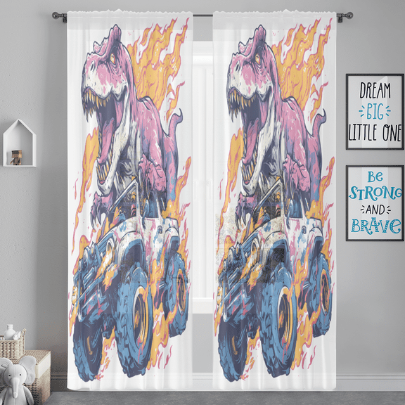 CURLYOOT Graffiti Dinosaur Monster Truck Sheer Curtains 84 Inches Long, 2 Panels Set, Rod Pocket Semi Sheer Light Filtering Window Drapes for Bedroom, Living Room, 52 x 84 Inch