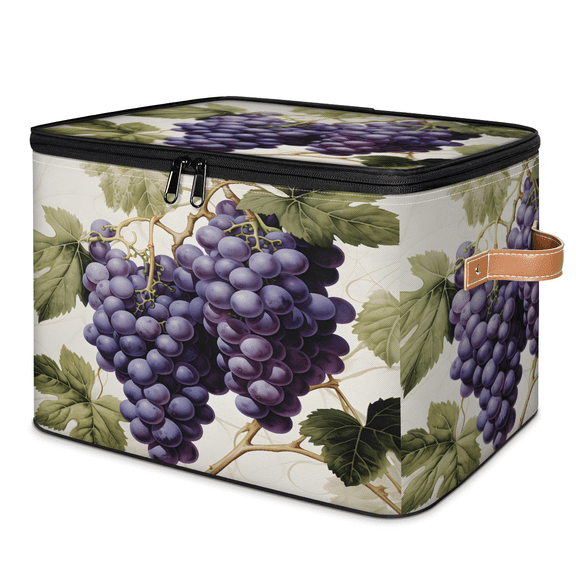 CURLYOOT Grape Storage Bin with Zipper Lid, Fabric Decorative Lidded Storage Baskets Boxes, Foldable Organizer Container Basket for Bedroom Closet Shelf