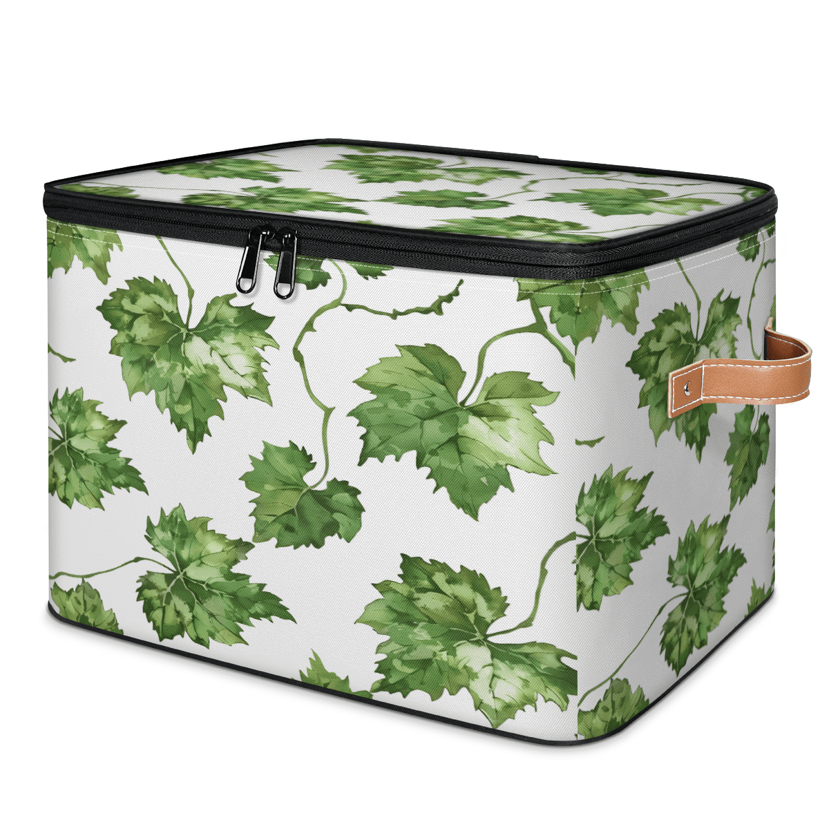 CURLYOOT Grapes Leaves Fabric Storage Bins with Lids, Watercolor Plant Leaves Foldable Storage Boxes Washable Storage Cube, Closet Bedroom Home Organizer Containers with PU Leather Handles
