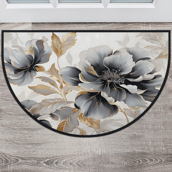 CURLYOOT Gray Gold Marble Floral Half Round Door Mat, Indoor Outdoor Entrance Rug, Semi Circular Area Rug, Non Slip Washable Absorbent Doormat, Laundry Room Rug 40'' x 63''