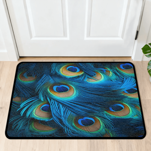CURLYOOT Green Blue Peacock Feather Indoor Doormat, Non-Slip Absorbent Door Mat 24" x 16", Entrance Floor Mat Washable Entry Doormats for Entryway Front Back Door