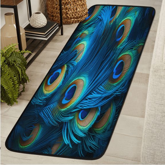 CURLYOOT Green Blue Peacock Feather Runner Rug 2'x6' Washable Kitchen Runner Rug Indoor Non Slip Laundry Rugs Floor Carpet for Hallway Kitchen Entryway Bedroom Living Room