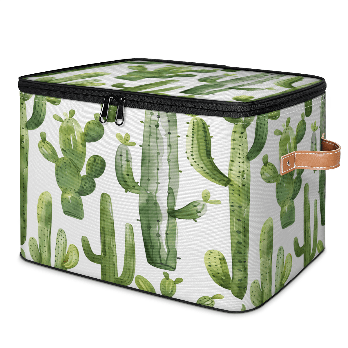 CURLYOOT Green Cactus Fabric Storage Bins with Lids, Cute Cactus Foldable Storage Boxes Washable Storage Cube, Closet Bedroom Home Organizer Containers with PU Leather Handles