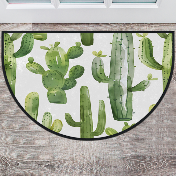 CURLYOOT Green Cactus Half Round Door Mat 24'' x 36'', Indoor Outdoor Entrance Rug, Semi Circular Area Rug, Non Slip Washable Absorbent Doormat, Cute Cactus Laundry Room Rug