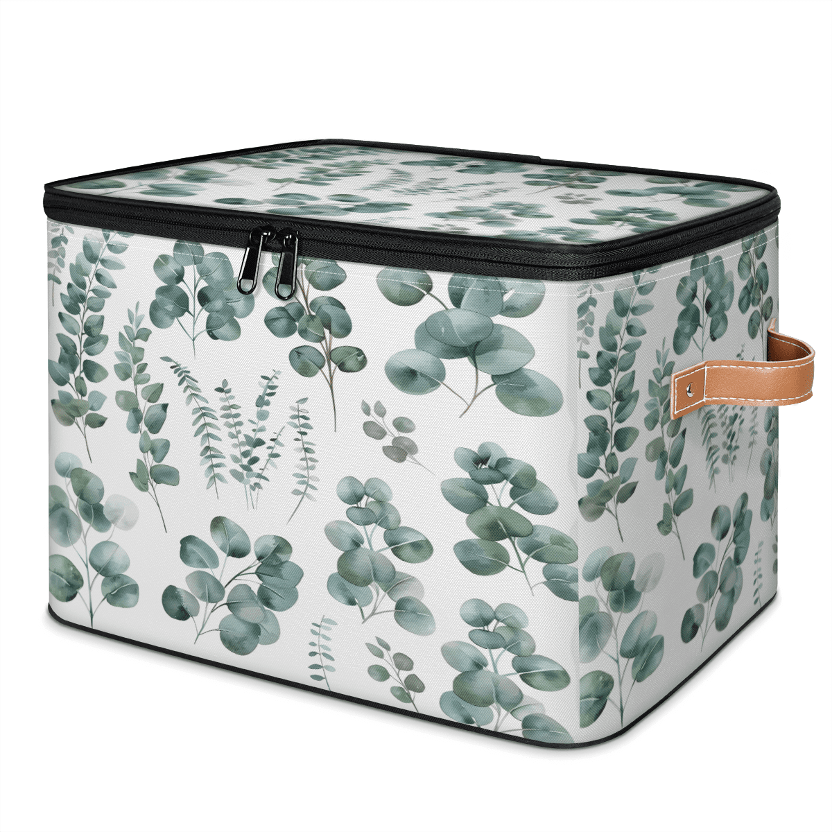 CURLYOOT Green Eucalyptus Leaves Fabric Storage Bins with Lids, Eucalyptus Leaves Foldable Storage Boxes Washable Storage Cube, Closet Bedroom Home Organizer Containers with Handles