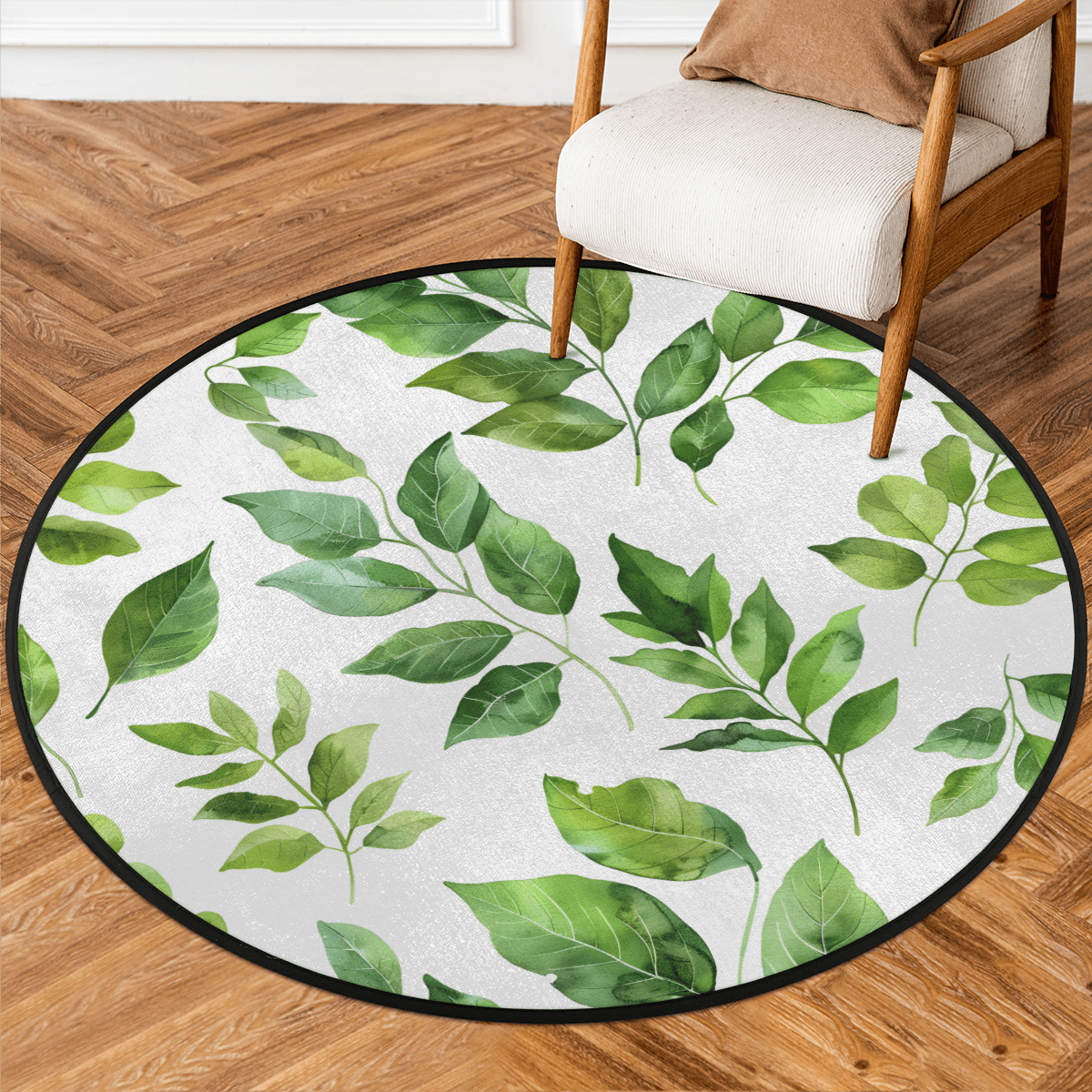CURLYOOT Green Leaves 5.2ft Round Rug for Living Room, Large Washable ...