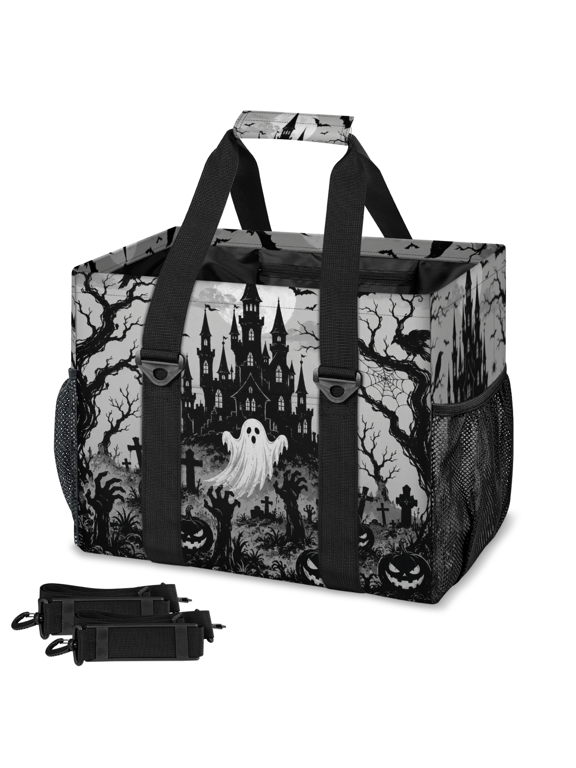 Halloween Castle Evil Ghost Reusable Grocery Bag, Large Shopping Tote with Handle for Groceries, Fodable Tote Bag for Kitchen, Car Trunk, Picnic
