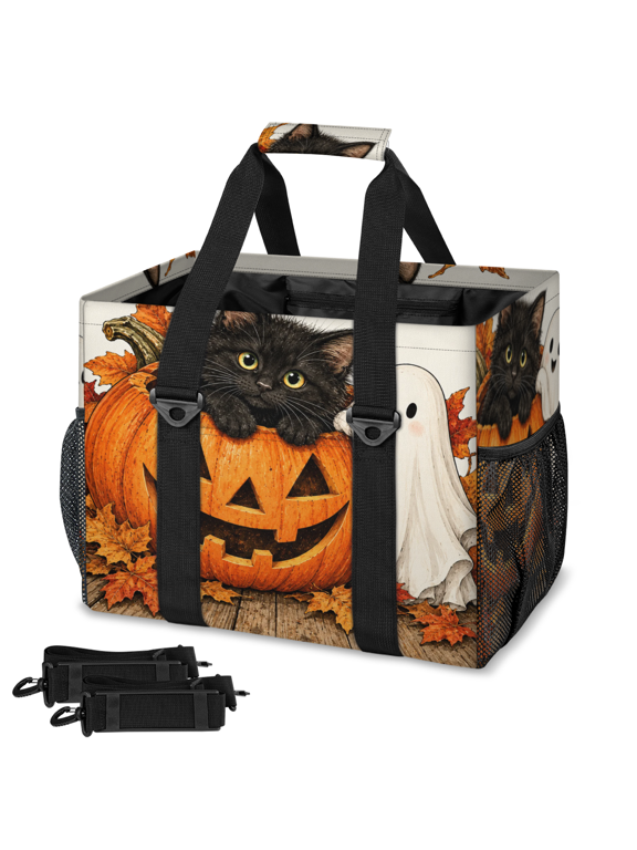 Halloween Evil Pumpkin Cat Reusable Grocery Bag, Large Shopping Tote with Handle for Groceries, Fodable Tote Bag for Kitchen, Car Trunk, Picnic