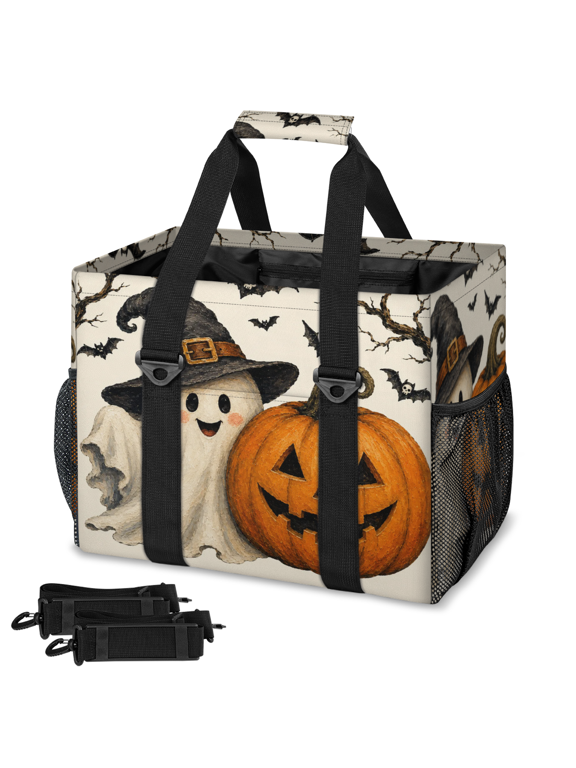 Halloween Evil Pumpkin Ghost Reusable Grocery Bag, Large Shopping Tote with Handle for Groceries, Fodable Tote Bag for Kitchen, Car Trunk, Picnic