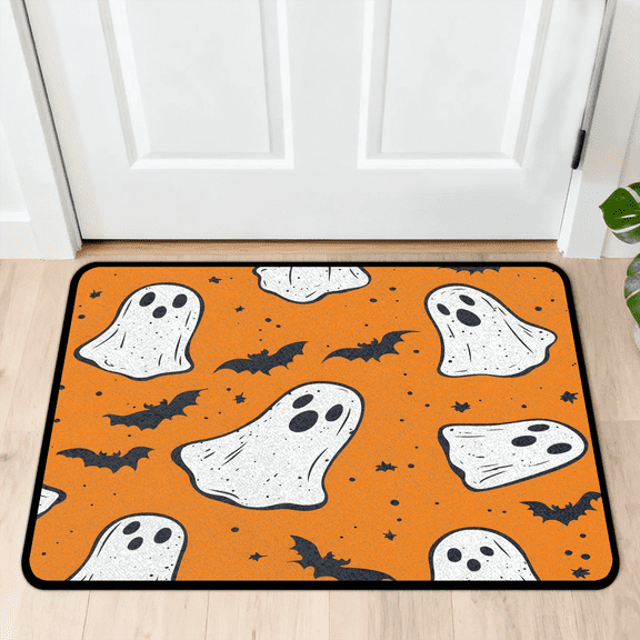 CURLYOOT Halloween Ghost Front Door Mat, Washable Non-Slip Bat Door Mat, Indoor Outdoor Floor Mats Absorbent Welcome Doormat for Entrance 20" x 30"