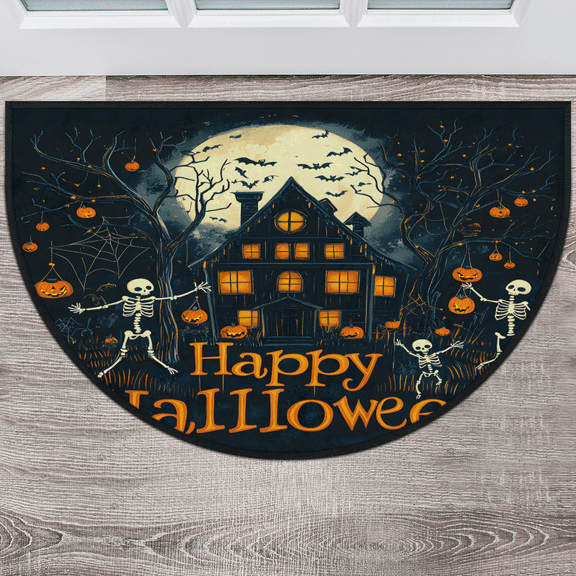 CURLYOOT Halloween Half Round Door Mat, Indoor Outdoor Entrance Rug, Skeleton Castle Semi Circular Area Rug, Non Slip Washable Absorbent Doormat, Laundry Room Rug 24'' x 36''