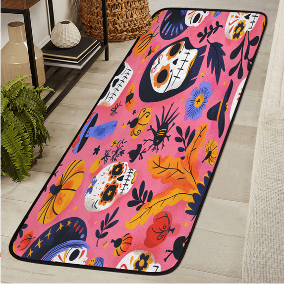 CURLYOOT Halloween Runner Rug 2'x6' Washable Kitchen Runner Rug Indoor Non Slip Laundry Rugs Sugar Skull Floor Carpet for Hallway Kitchen Entryway Bedroom Living Room