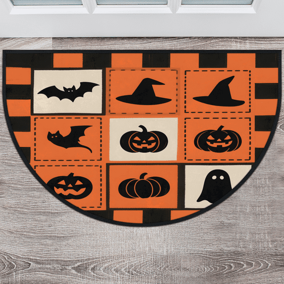 CURLYOOT Halloween Theme Half Round Door Mat, Indoor Outdoor Entrance Rug, Checkerboard Semi Circular Area Rug, Non Slip Washable Absorbent Doormat, Laundry Room Rug 24'' x 36''