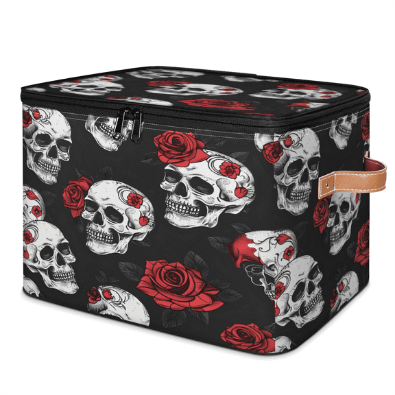 CURLYOOT Halloweenskull Fabric Storage Bins with Lids, Rose Flower Gothic Skeleton Foldable Storage Boxes Washable Storage Cube, Closet Bedroom Home Organizer Containers