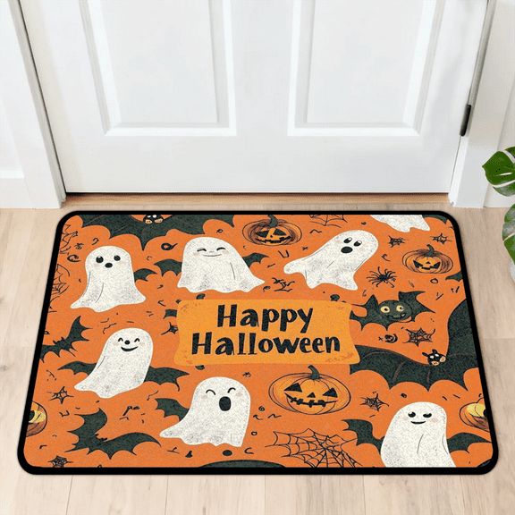 CURLYOOT Happy Halloween Front Door Mat, Washable Non-Slip Ghosts Bat Door Mat, Indoor Outdoor Floor Mats Absorbent Welcome Doormat for Entrance 20" x 30"