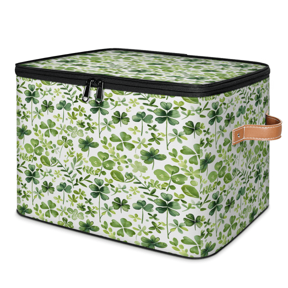 CURLYOOT Happy St. Patrick's Day Fabric Storage Bins with Lids, Green Clover Shamrock Foldable Storage Boxes Washable Storage Cube, Closet Bedroom Home Organizer Containers with Handles