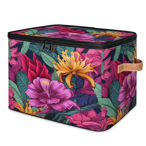 CURLYOOT Hawaii Floral Tropical Palm Leaves Storage Bin with Zipper Lid, Fabric Decorative Lidded Storage Baskets Boxes, Foldable Organizer Container Basket for Bedroom Closet Shelf