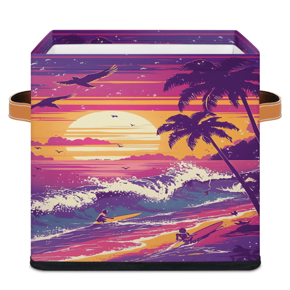CURLYOOT Hawaiian Sunset Coastal Cube Storage Bin, 11 Inch Storage Cube Fabric Bin for Shelves, Ocean Foldable Clothes Organizer Baskets with Leather Handle for Closet Home