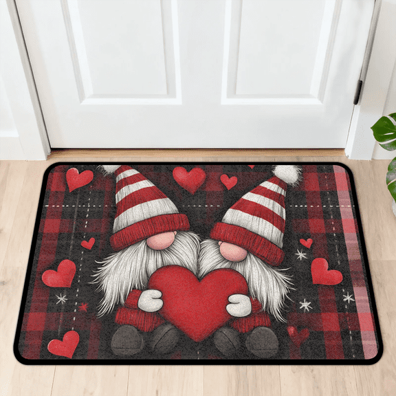 CURLYOOT Hearts Gnomes Indoor Doormat, Non-Slip Absorbent Door Mat 24" x 16", Buffalo Plaid Entrance Floor Mat Washable Entry Doormats for Entryway Front Back Door